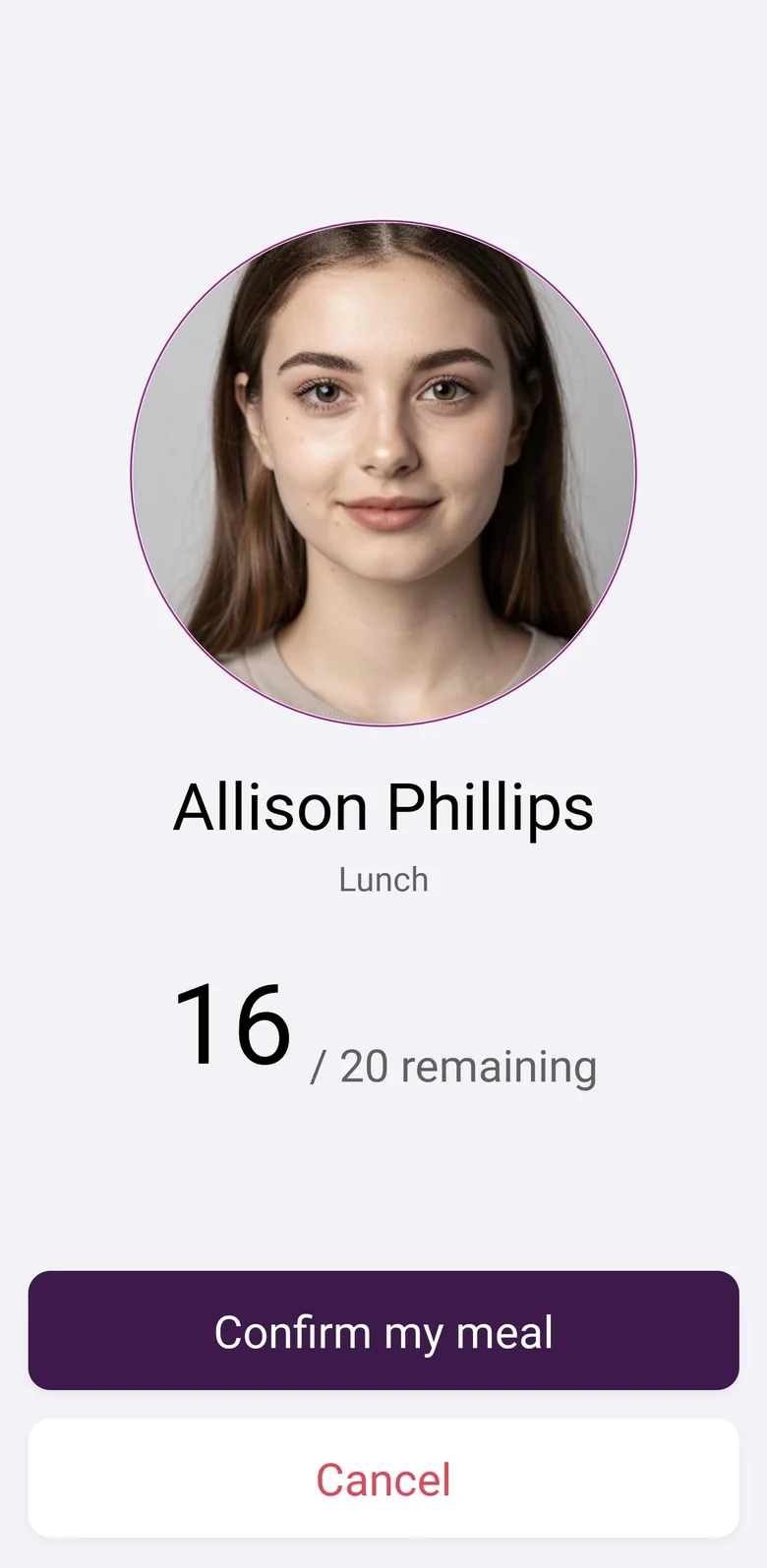 Terminal screen showing the lunch plan with 16 of 20 meals remaining, and the buttons to confirm or cancel.